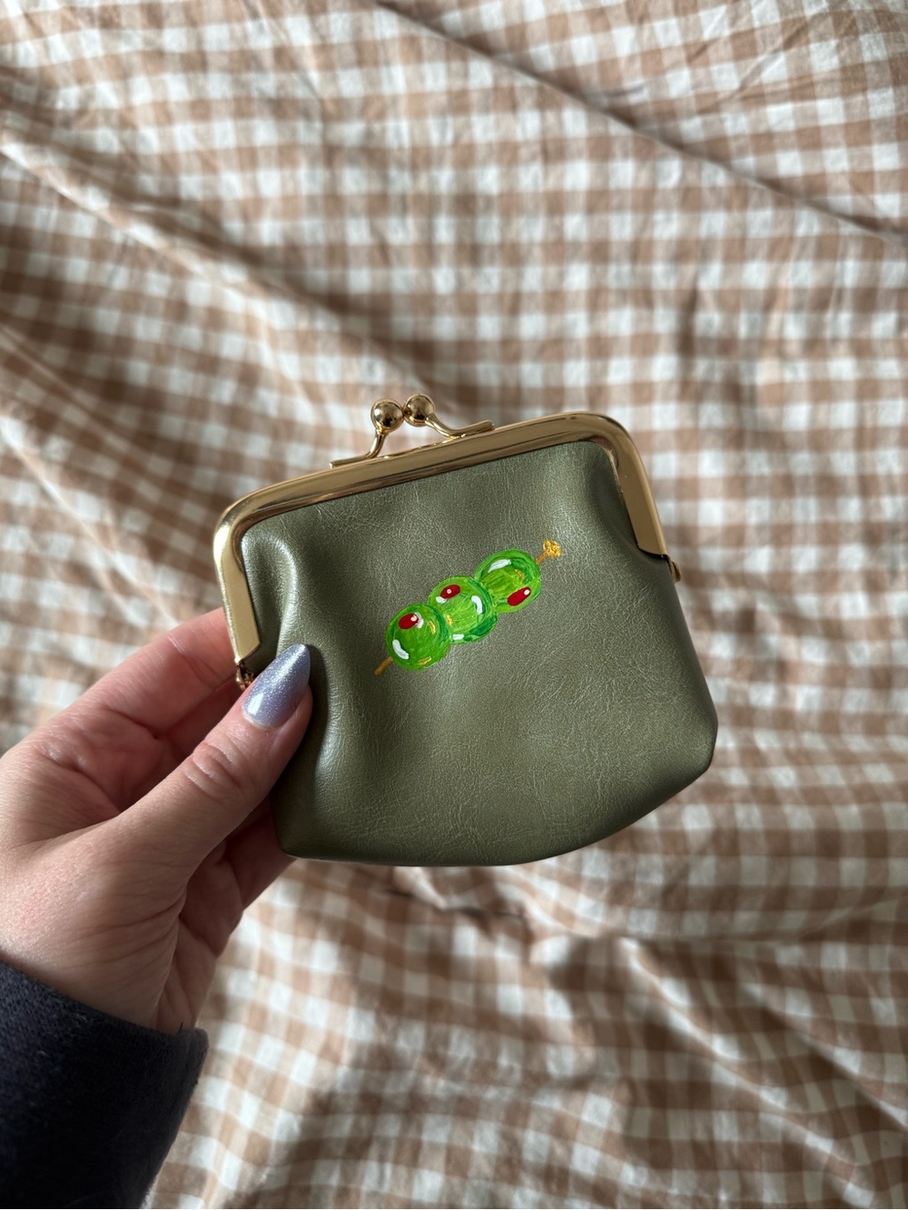 Olive Green Kiss-Lock Coin Purse with hand Painted Olives